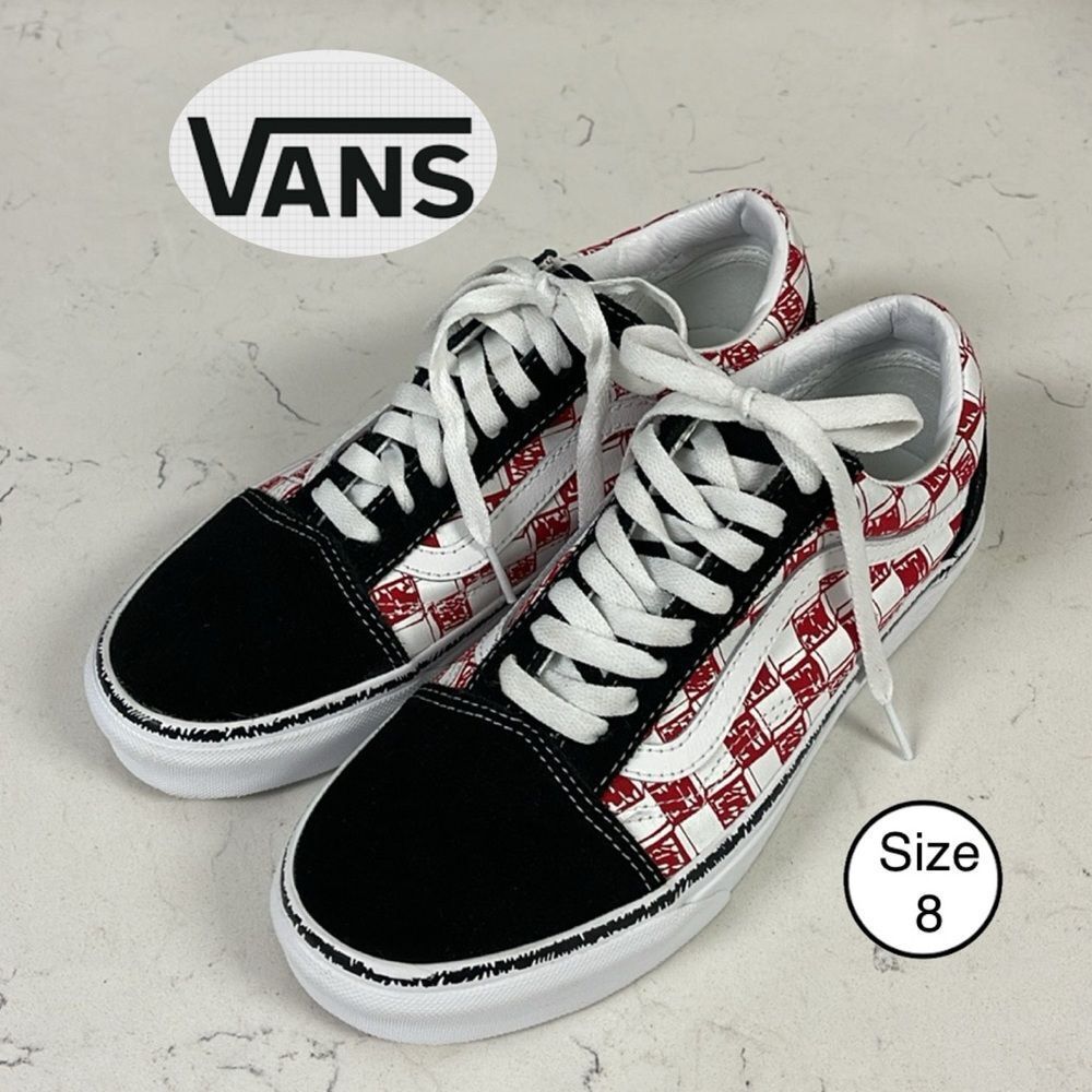 Vans Old Skool Sketch Checkerboard Skate Shoe Black/Red White Men 6.5 - Women 8